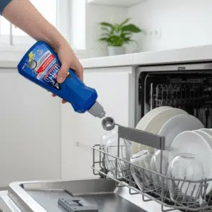 راهنمای جامع نحوه شارژ مایع جلادهنده (Rinse Aid) در ماشین ظرفشویی برای درخشش بینقص ظروف پاک ظرف جلادهنده فینیش